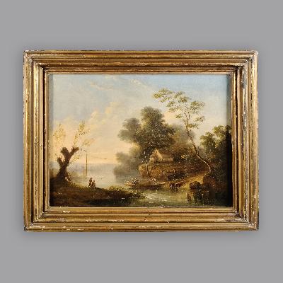 Jean Victor Bertin. Paisaje con río y cabaña. Óleo sobre tela