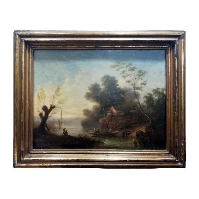 Jean Victor Bertin. Paisaje con río y cabaña. Óleo sobre tela