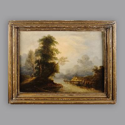 Jean Victor Bertin. Paisaje con río y árbol. Óleo sobre tela