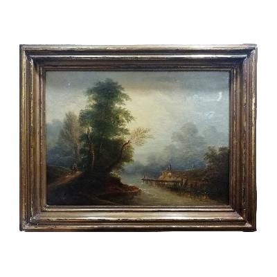 Jean Victor Bertin. Paisaje con río y árbol. Óleo sobre tela