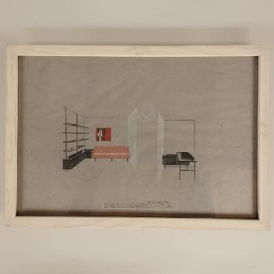 Eugenio Escudero. Boceto con estantería, sofá rosa y escritorio. Lápices de color sobre papel