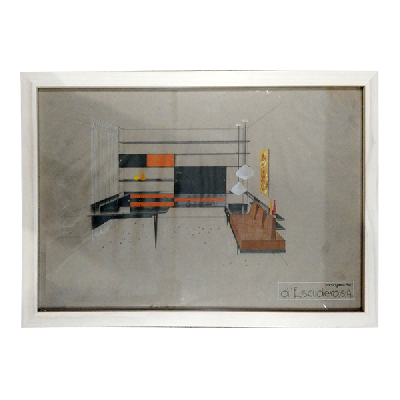 Eugenio Escudero. Boceto con librero, lámparas de techo y sofá de 3 plazas. Lápices de color sobre papel