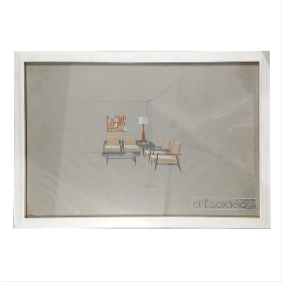 Eugenio Escudero. Boceto con sillones y lámpara roja. Lápices de color sobre papel