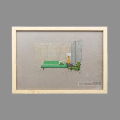 Eugenio Escudero. Boceto con sofá y sillón verdes. Lápices de color sobre papel