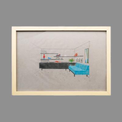 Eugenio Escudero. Boceto con credenza y sofá azul. Lápices de color sobre papel