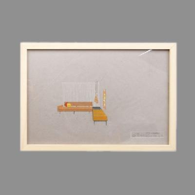 Eugenio Escudero. Boceto con sofá y banco color ocre. Lápices de color sobre papel