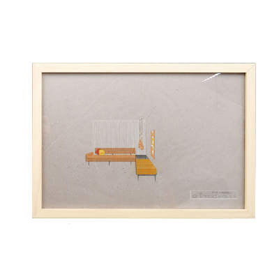 Eugenio Escudero. Boceto con sofá y banco color ocre. Lápices de color sobre papel