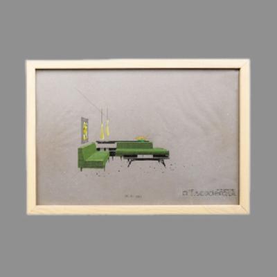 Eugenio Escudero. Boceto con sofás verdes y lámparas de techo. Lápices de color sobre papel