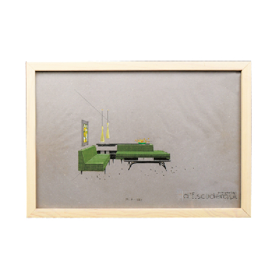 Eugenio Escudero. Boceto con sofás verdes y lámparas de techo. Lápices de color sobre papel