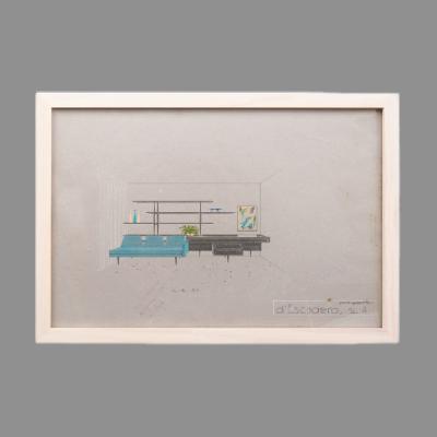 Eugenio Escudero. Boceto con sofá azul y librero. Lápices de color sobre papel