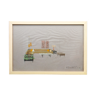 Eugenio Escudero. Boceto con sofá ocre y jardineras. Lápices de color sobre papel