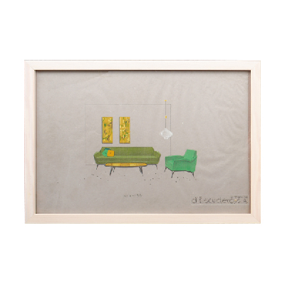 Eugenio Escudero. Boceto con love seat verde. Lápices de color sobre papel