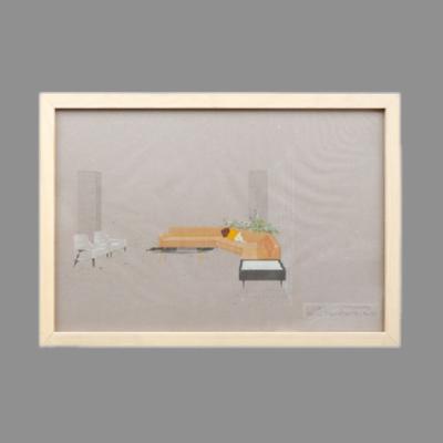 Eugenio Escudero. Boceto con sofá naranja y sillones blancos. Lápices de color sobre papel