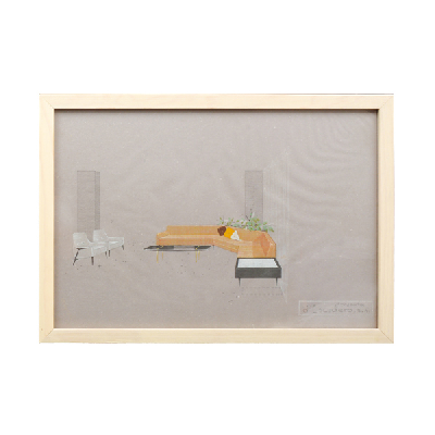 Eugenio Escudero. Boceto con sofá naranja y sillones blancos. Lápices de color sobre papel