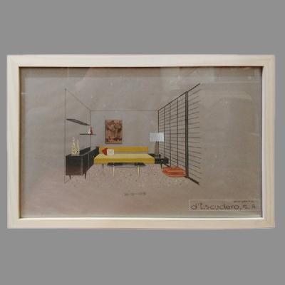Eugenio Escudero. Boceto con sofá amarillo y credenza negra. Lápices de color sobre papel