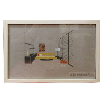 Eugenio Escudero. Boceto con sofá amarillo y credenza negra. Lápices de color sobre papel