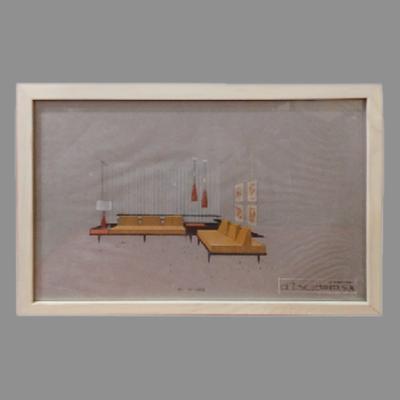 Eugenio Escudero. Boceto con sofás amarillos. Lápices de color sobre papel
