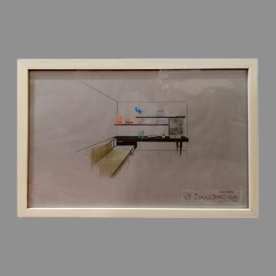 Eugenio Escudero. Boceto con escritorio negro y sofá verde. Lápices de color sobre papel