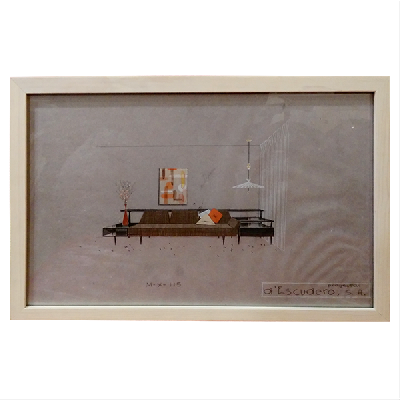 Eugenio Escudero. Boceto con sofá café y lámpara de techo. Lápices de color sobre papel