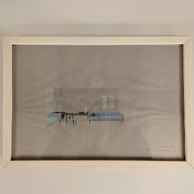 Eugenio Escudero. Boceto con sofás azules y escritorio. Lápices de color sobre papel