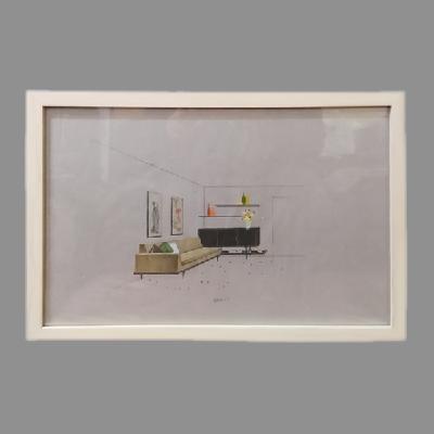 Eugenio Escudero. Boceto con sofá verde y credenza negra. Lápices de color sobre papel