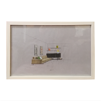 Eugenio Escudero. Boceto con sofá verde y credenza negra. Lápices de color sobre papel