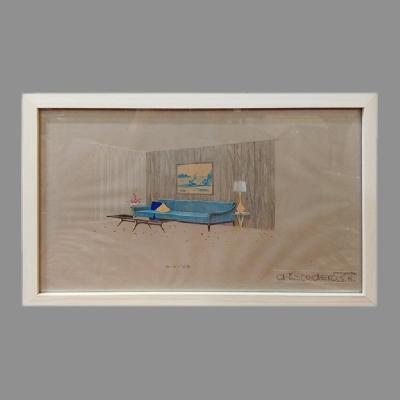 Eugenio Escudero. Boceto con sofá azul y tapiz gris. Lápices de color sobre papel