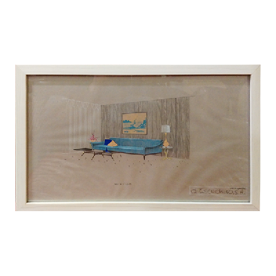 Eugenio Escudero. Boceto con sofá azul y tapiz gris. Lápices de color sobre papel