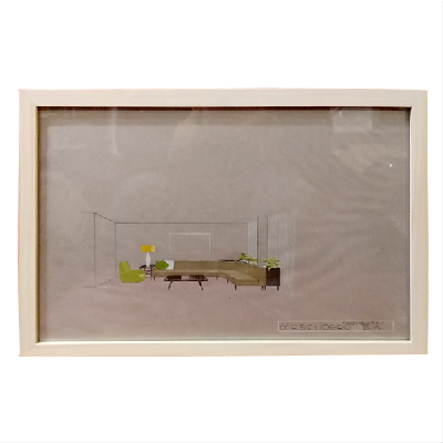 Eugenio Escudero. Boceto con sofá verde y sillón verde limón. Lápices de colores sobre papel