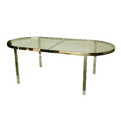 Milo Baughman. Mesa de comedor Racetrack en latón y vidrio con extensiones