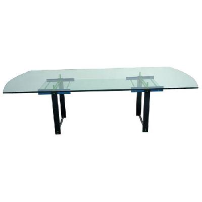 Javier Mariscal. Mesa de comedor en metal laqueado negro, verde y azul con cubierta de vidrio.