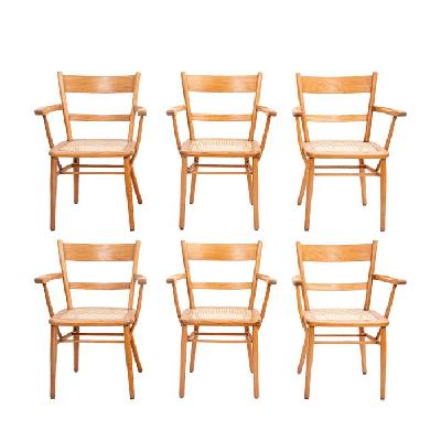 La Malinche. Juego de 6 sillones en madera de olmo con asientos de bejuco