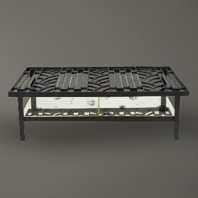 Mesa de centro estilo Art Decó en acero negro con nivel inferior de espejo