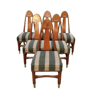 Eugenio Escudero. Juego de 6 sillas en madera de caoba con tapicería lineal (P/T)