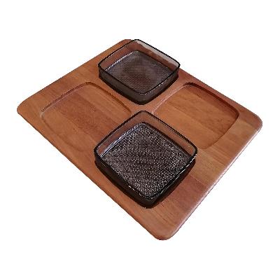 Digsmed. Centro de mesa en madera de teca con 2 dulces de vidrio ahumado