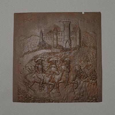 Tres jinetes. Placa en hierro colado en altorrelieve