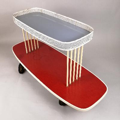 Matthieu Mategot. Carrito de servicio en metal laqueado blanco con madera color rojo y gris