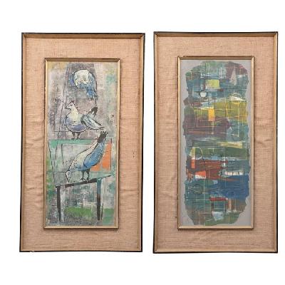 Firma no identificada. Composición con palomas / Composición geométrica. Mixtas sobre papel