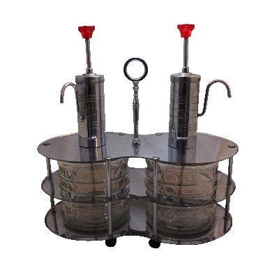 Dispensador para salsas de metal cromado con depósitos de vidrio prensado