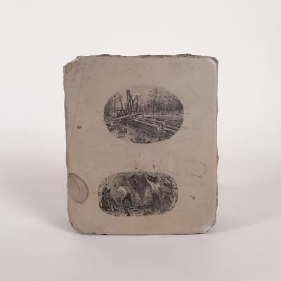 Placa litográfica con 2 ilustraciones alusivas a la silvicultura y la minería