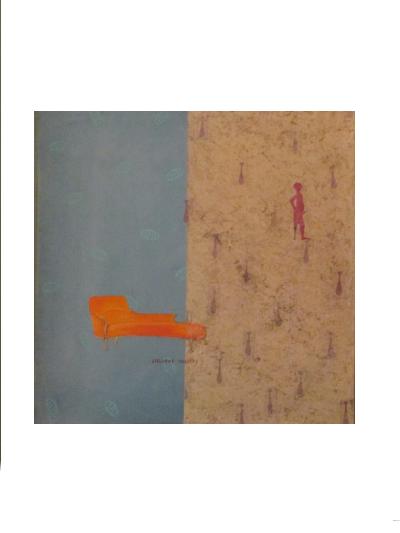 P_2 Pintura con sofá naranja con fondo amarillo y azul